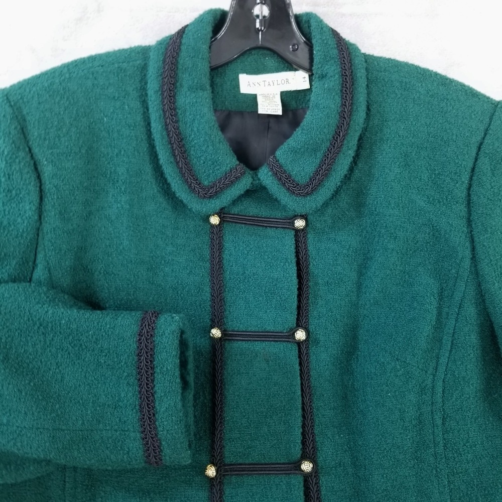 Vintage Ann Taylor Blazer Women 14 Green Crop Boucle Wool Jacket USA Made Twee